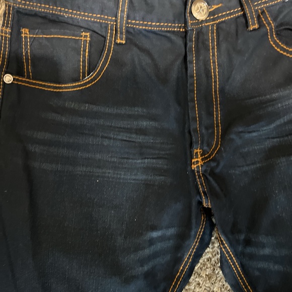 Y2K Franky Max Jeans Mens 38x32 Dark Wash Blue Denim Waxed Cotton Stretch Zip - Picture 6 of 8